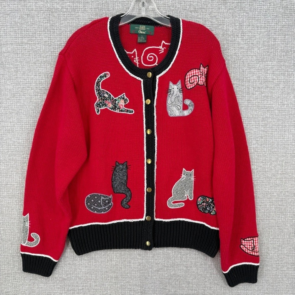 Vtg Orvis Cat Patchwork Cardigan Sweater Women L Red Knit Cat Mom
